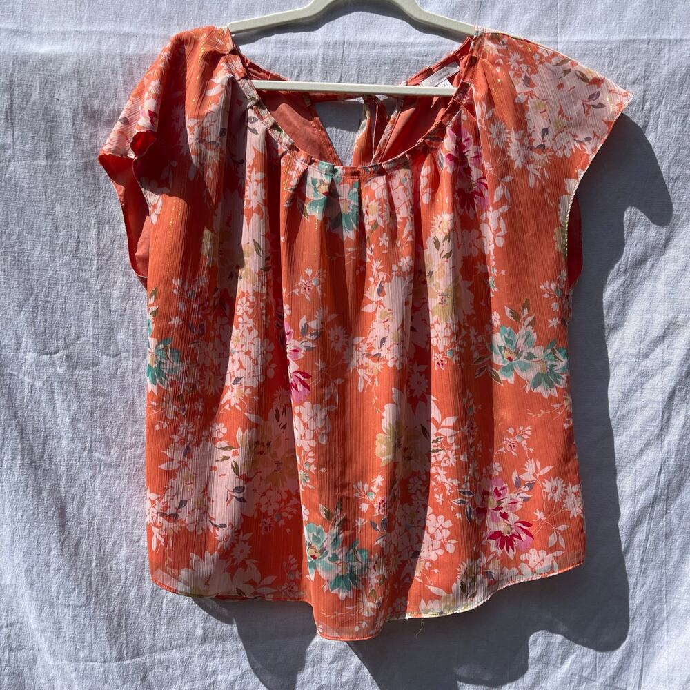 LC Lauren Conrad Women’s XXL Orange Floral Metallic Stripe Blouse Boho Top